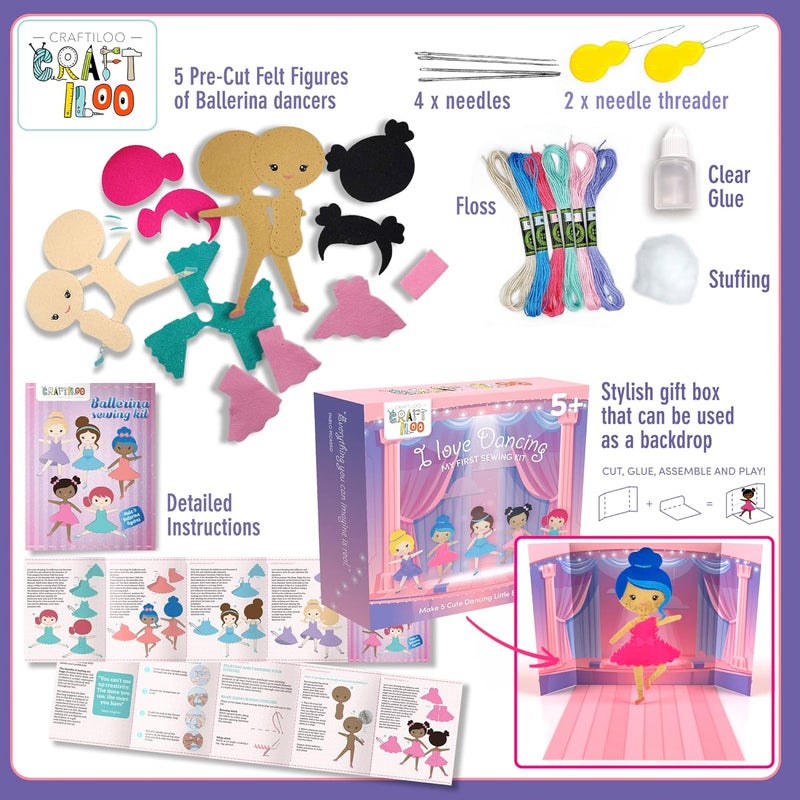 CRAFTILOO Ballerina Dancers Sewing Kit for Kids, Fun and Educational Craft Set for Boys and Girls Age 5-12, Sew Your Own Felt Ballerina Craft Kit for Beginners (Ballerina Kit) - Image 3
